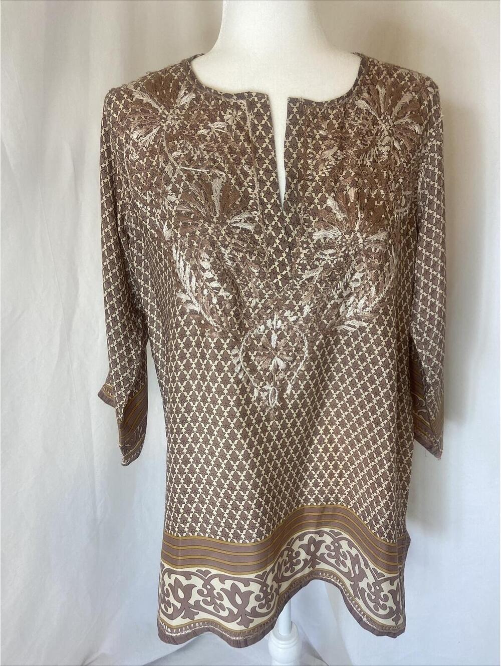 Gretchen Scott silk blend Tunic Top With embroidery neutral Browns size medium